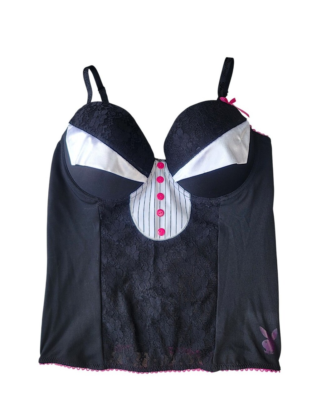 Vintage Y2K Playboy Black Lace Tuxedo Pinstripe Bustier Top Large